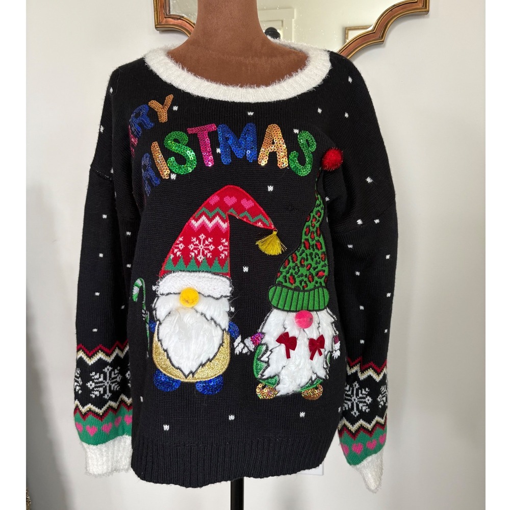 99 Jane Street Womens Medium Christmas Sweater Gnomes Sequin‎ Holiday